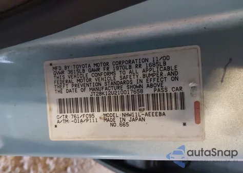 2001 Toyota Prius from USA, damaged, VIN JT2BK12U210017658